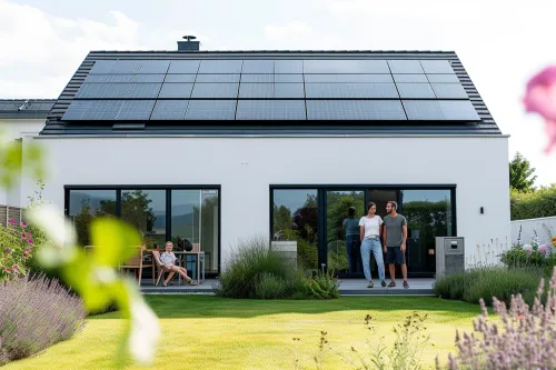 Capteurs solaires thermiques installés sur un toit de maison pour chauffer l'eau et les espaces intérieurs